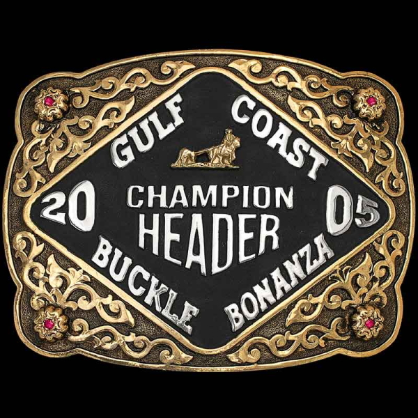 The Alamosa Belt Buckle makes any statement clear! Features a black enamel diamond for your personalized silver lettering up to 8 lines! Adorned with golden Jeweler's Bronze fine scrollwork and a customizable western figure! 